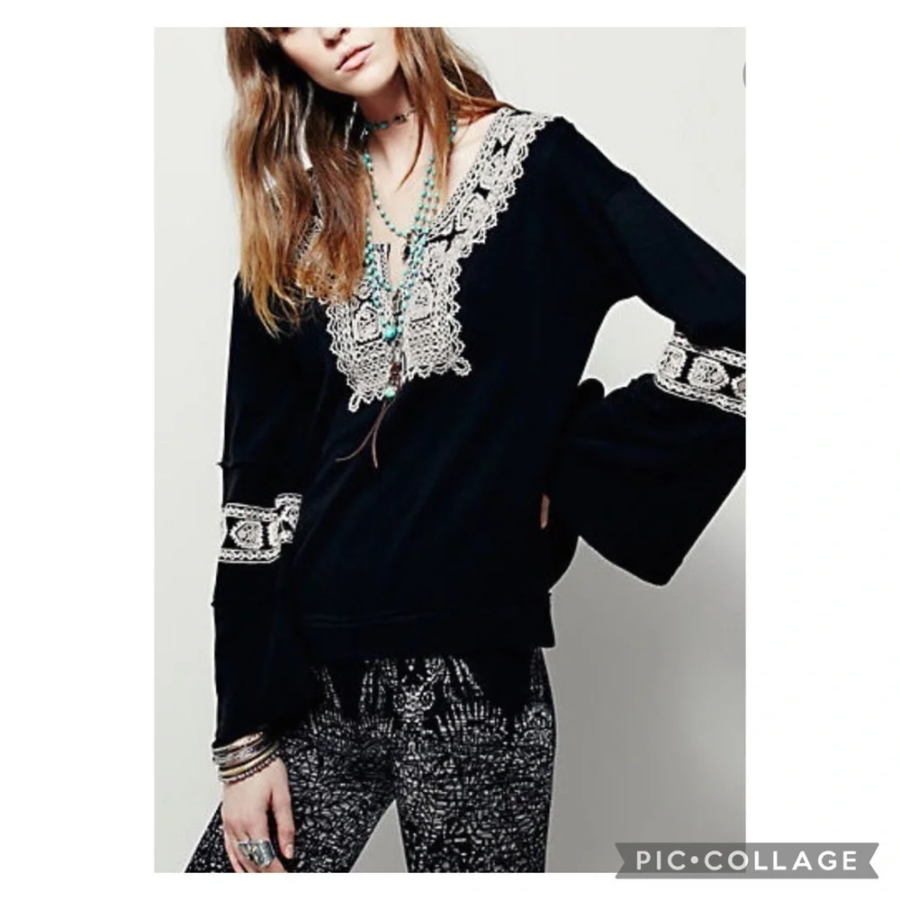 Free People Santa Maria Boho Embroidered Knit Pull-Over Top Size XS